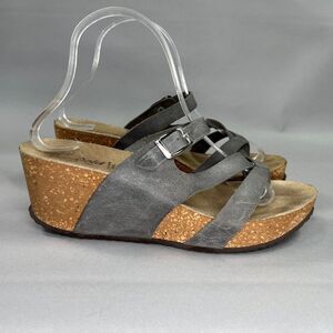 Bio Gold Sandals Women's 7.5 Gray Wedge Cork Leather Bohemian Comfort Strappy